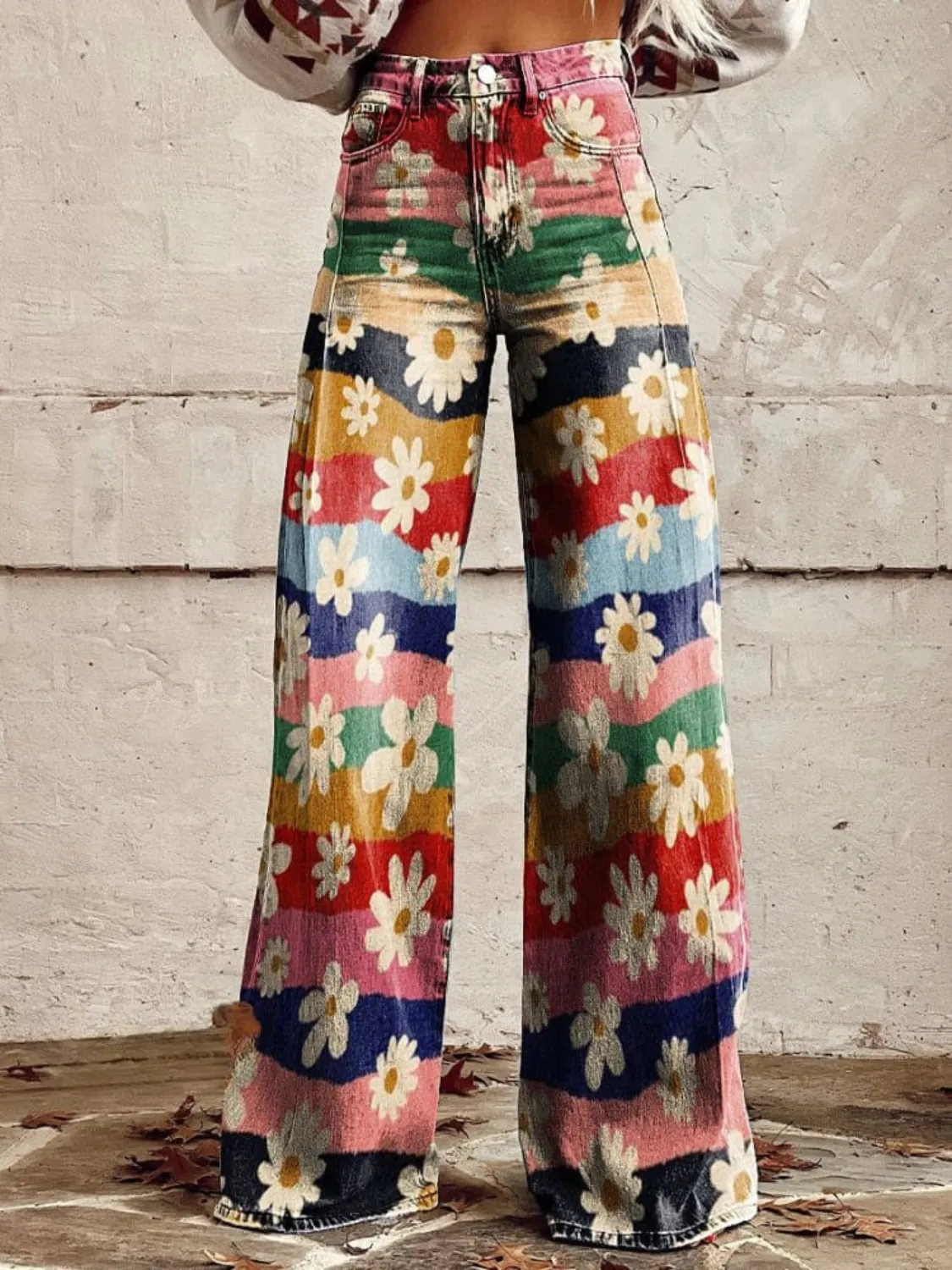 Vintage-Inspired Flared Pants with Retro Floral Design
