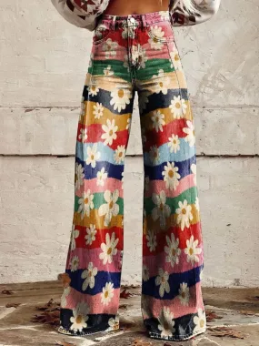 Vintage-Inspired Flared Pants with Retro Floral Design