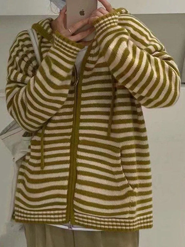 Wenkouban-Spring Casual Outfits Y2K Outfits Hooded Striped Long Sleeve Knit Cardigan