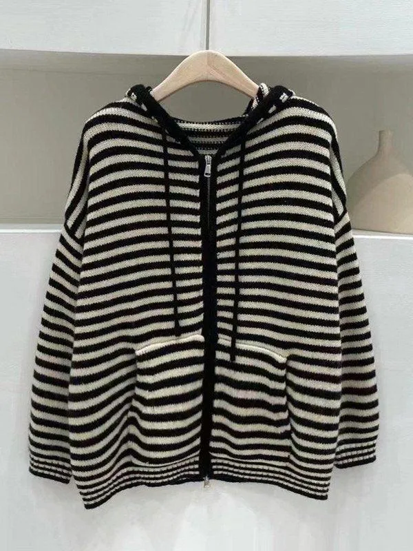 Wenkouban-Spring Casual Outfits Y2K Outfits Hooded Striped Long Sleeve Knit Cardigan