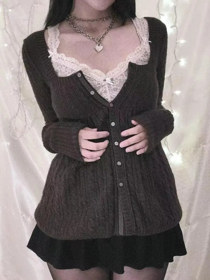 Wenkouban-Spring Casual Outfits Y2K Outfits Solid Pointelle Square Neck Knit Cardigan