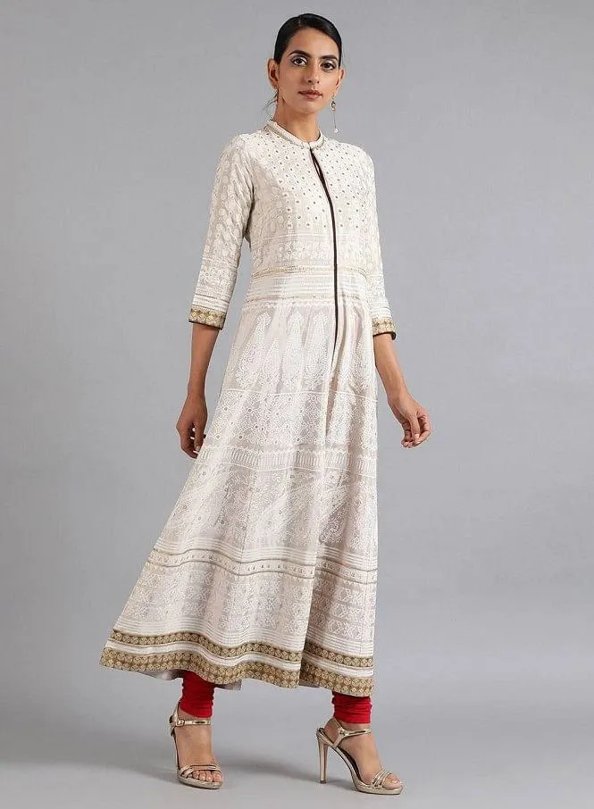 White Mandarin Neck Flared kurta