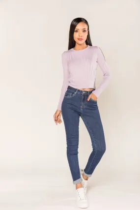 Wholesale Navy Blue Skinny High Waist Jeans with Turn-Up Legs