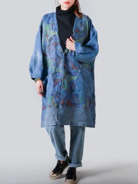 Women Artsy Patchwork V-neck Button-Up Denim Coat