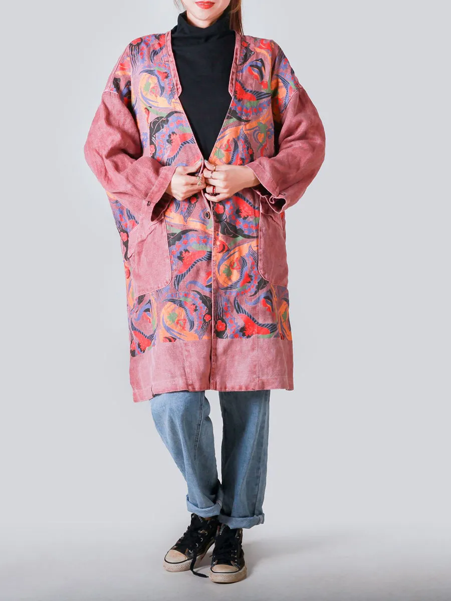 Women Artsy Patchwork V-neck Button-Up Denim Coat