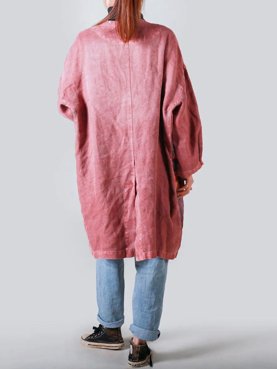 Women Artsy Patchwork V-neck Button-Up Denim Coat