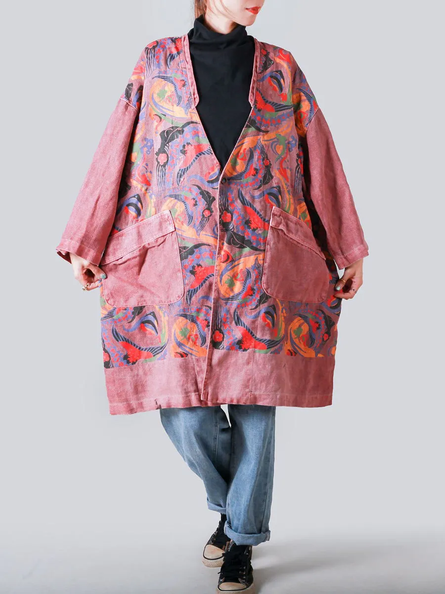 Women Artsy Patchwork V-neck Button-Up Denim Coat