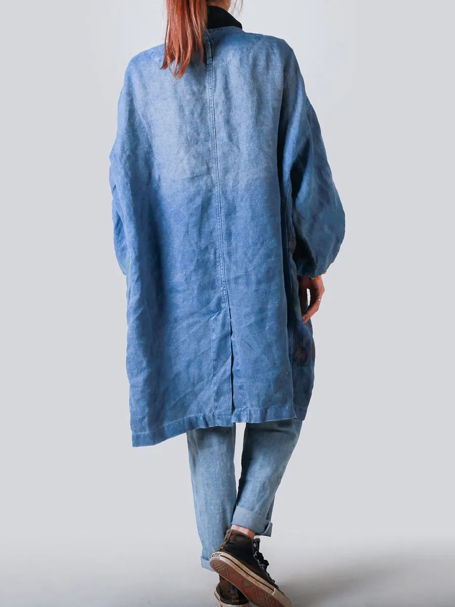 Women Artsy Patchwork V-neck Button-Up Denim Coat