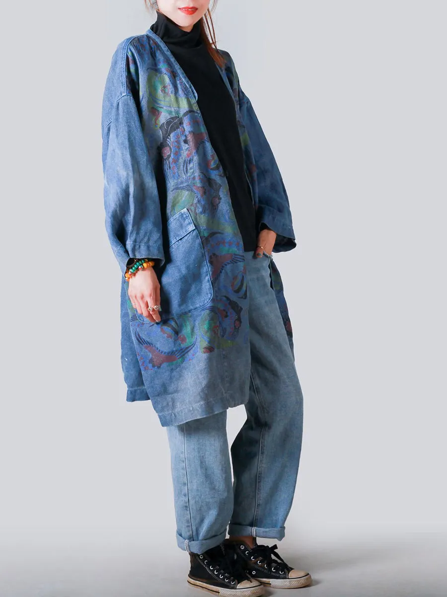 Women Artsy Patchwork V-neck Button-Up Denim Coat