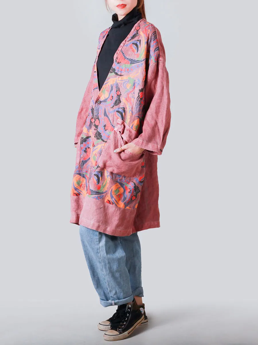 Women Artsy Patchwork V-neck Button-Up Denim Coat